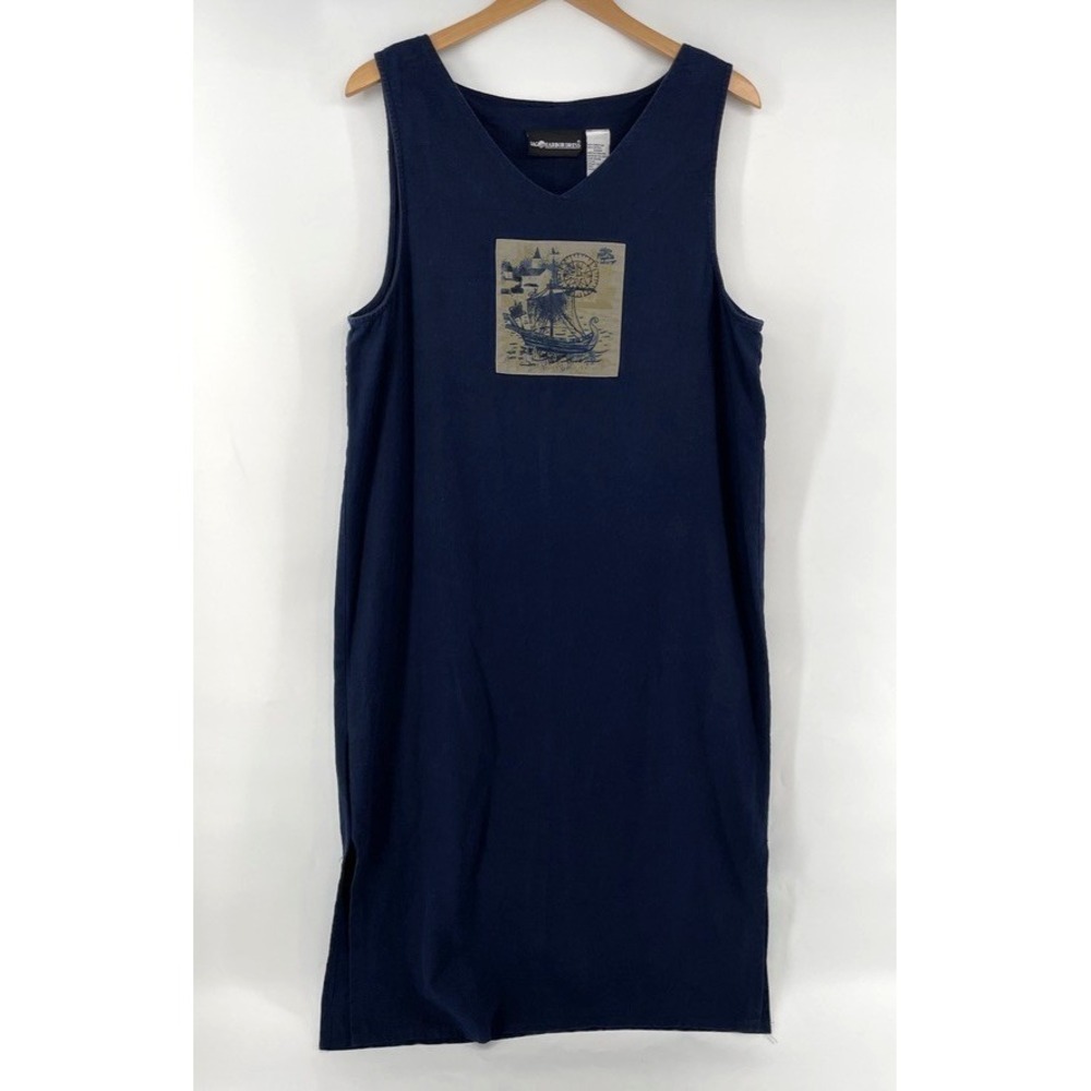 Vtg‎ 90s Linen Blend Maxi Dress Navy Blue Sleeveless Long Shift Nautical Artsy